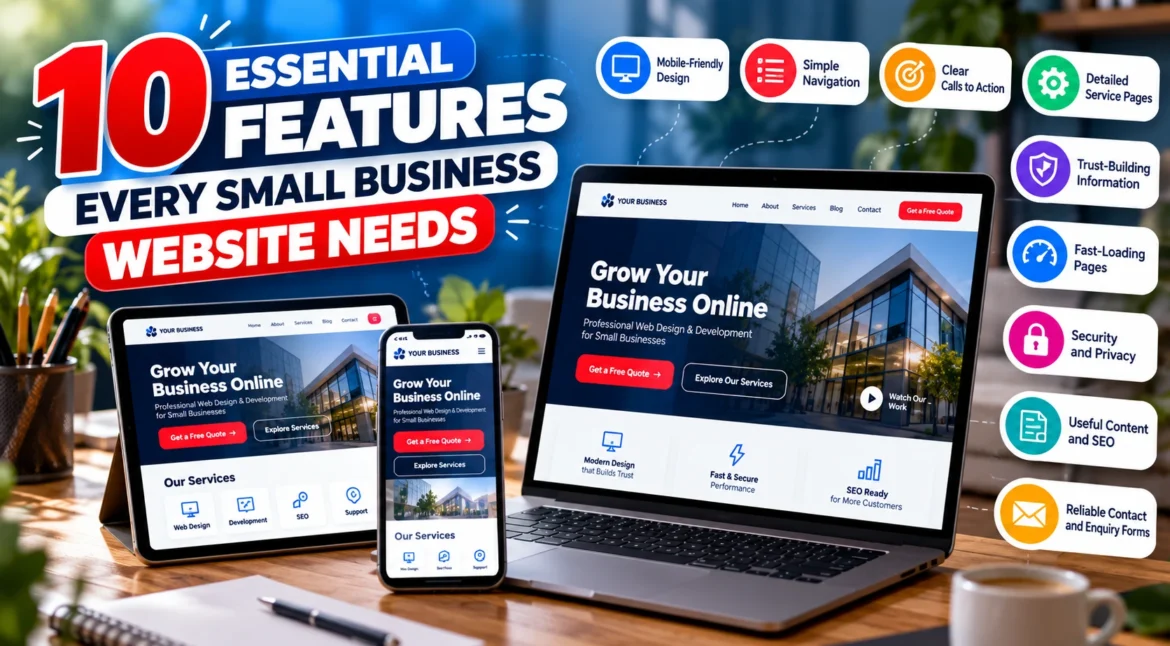 Responsive small business website displayed across a laptop, tablet and smartphone.