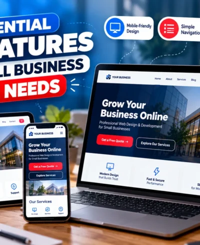 Responsive small business website displayed across a laptop, tablet and smartphone.