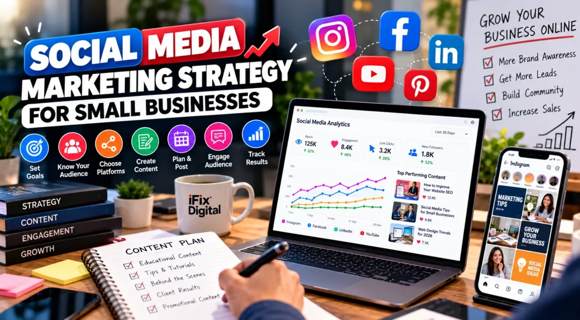 Small business owner planning a social media content calendar and reviewing marketing analytics.