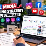 Small business owner planning a social media content calendar and reviewing marketing analytics.