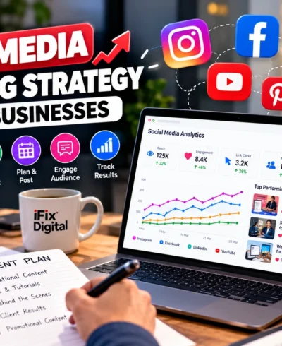 Small business owner planning a social media content calendar and reviewing marketing analytics.